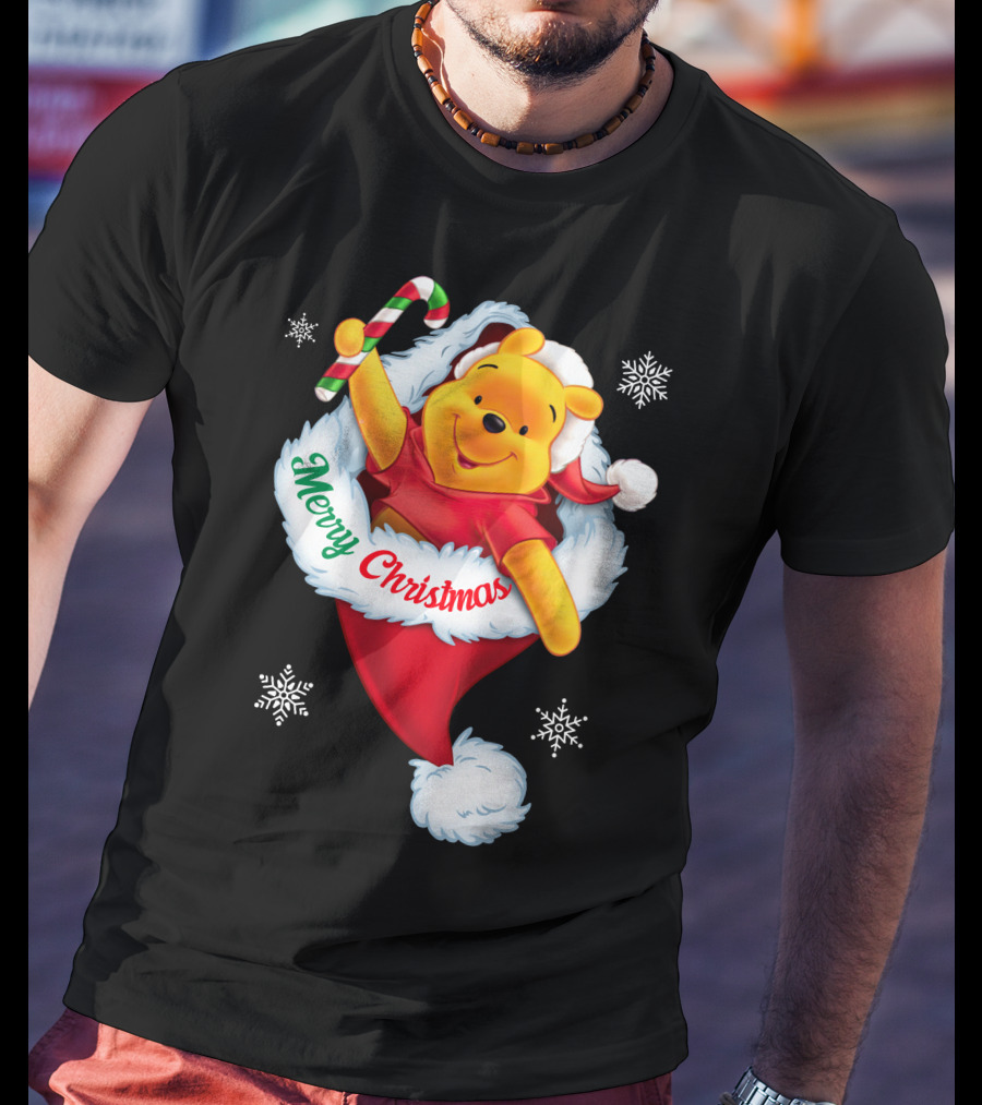 Winnie The Pooh Merry Christmas Santa Hat Candy Cane T-Shirt