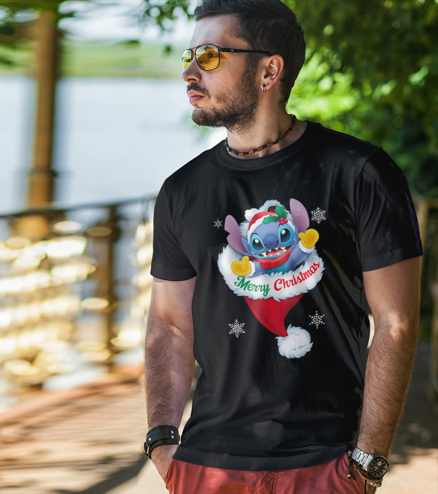 Merry Christmas Stitch Santa Hat Snowflakes T-Shirt