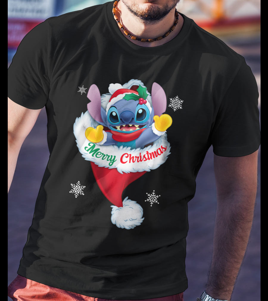 Merry Christmas Stitch Santa Hat Snowflakes T-Shirt