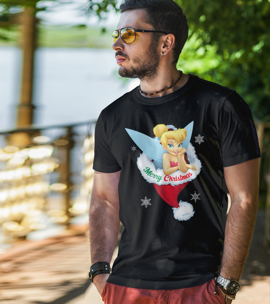 Tinkerbell Merry Christmas Santa Hat Snowflakes T-Shirt