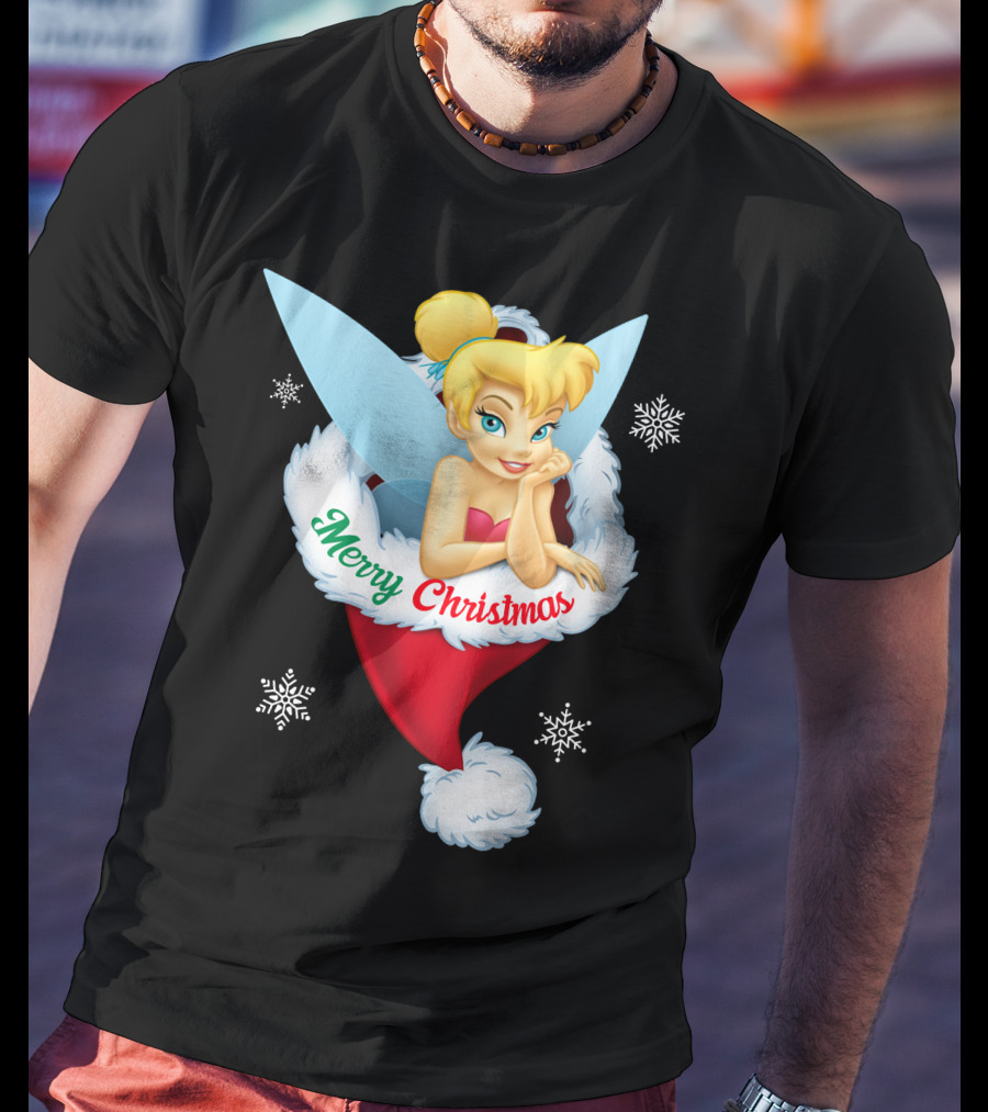 Tinkerbell Merry Christmas Santa Hat Snowflakes T-Shirt
