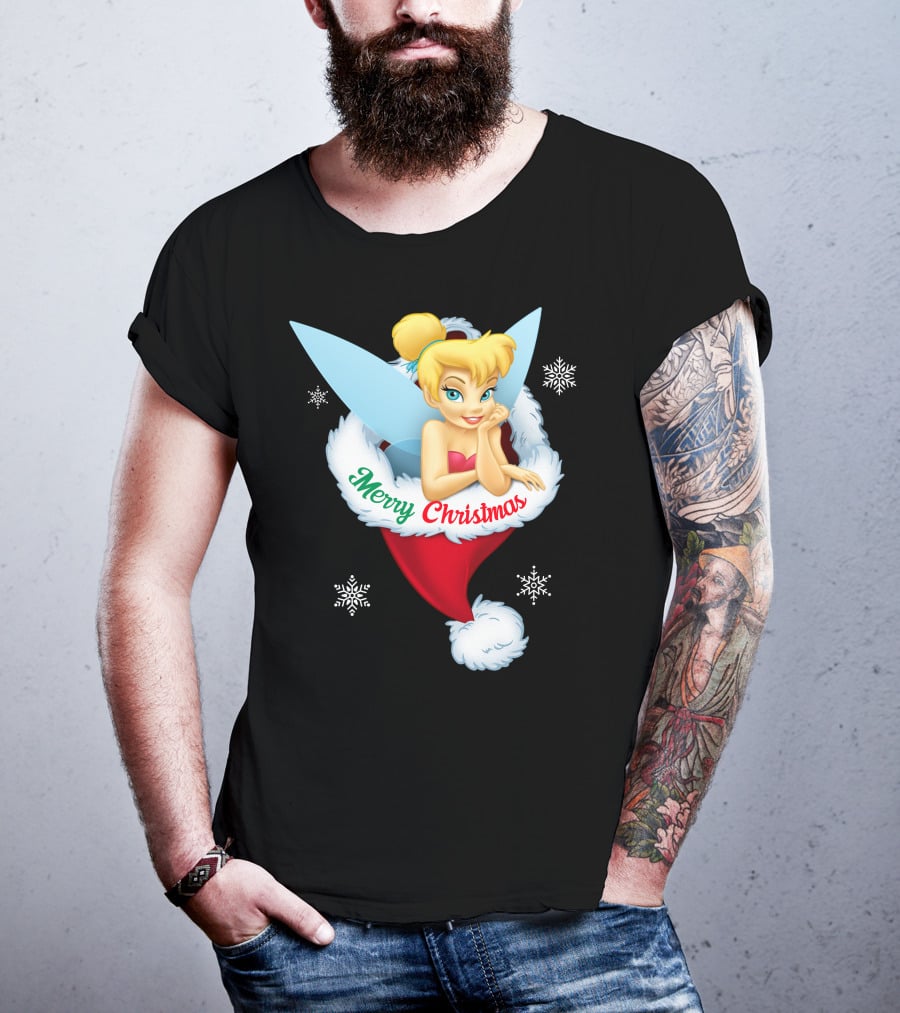 Tinkerbell Merry Christmas Santa Hat Snowflakes T-Shirt