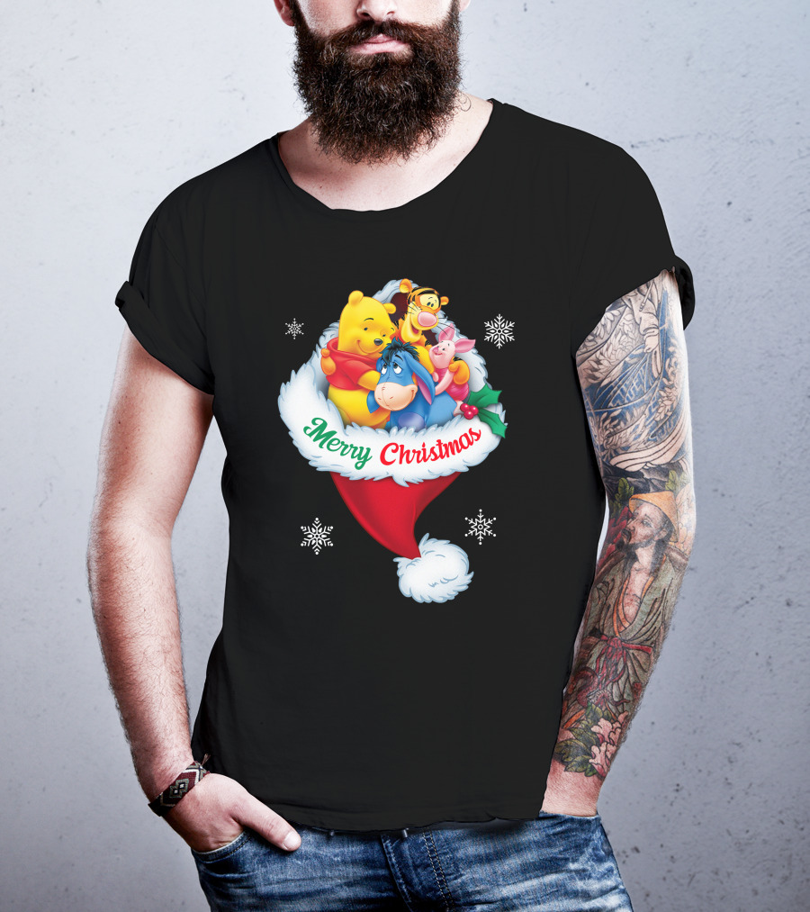 Winnie The Pooh Merry Christmas Santa Hat Snowflakes T-Shirt