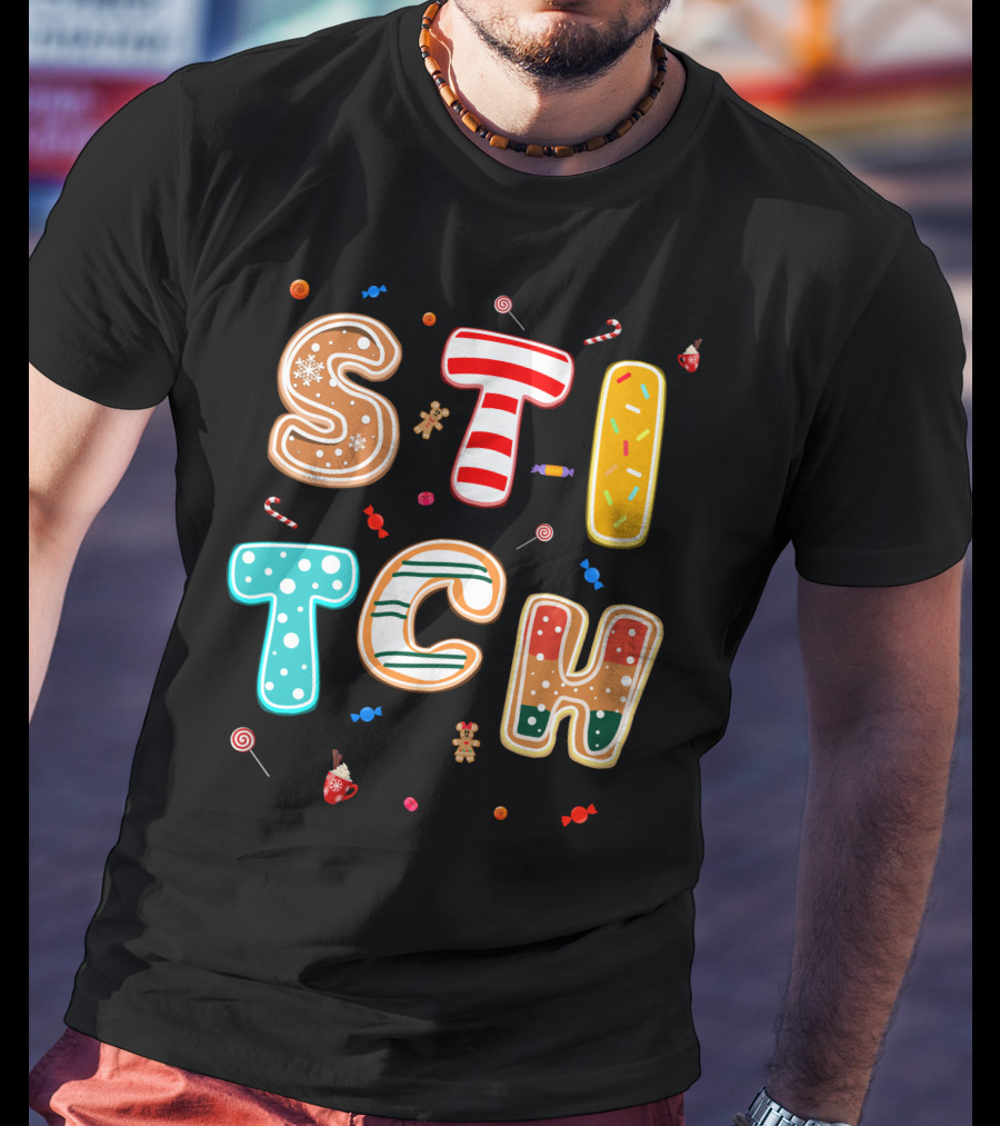 Stitch Gingerbread Candy Cane Christmas Letters T-Shirt