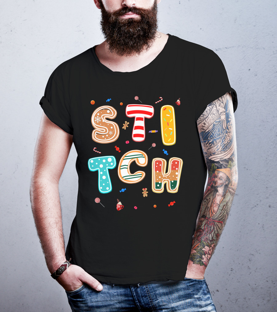 Stitch Gingerbread Candy Cane Christmas Letters T-Shirt