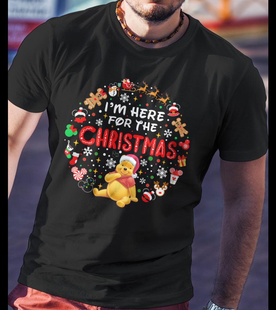 I'm Here For The Christmas Pooh Santa Hat Snowflakes Cookies T-Shirt