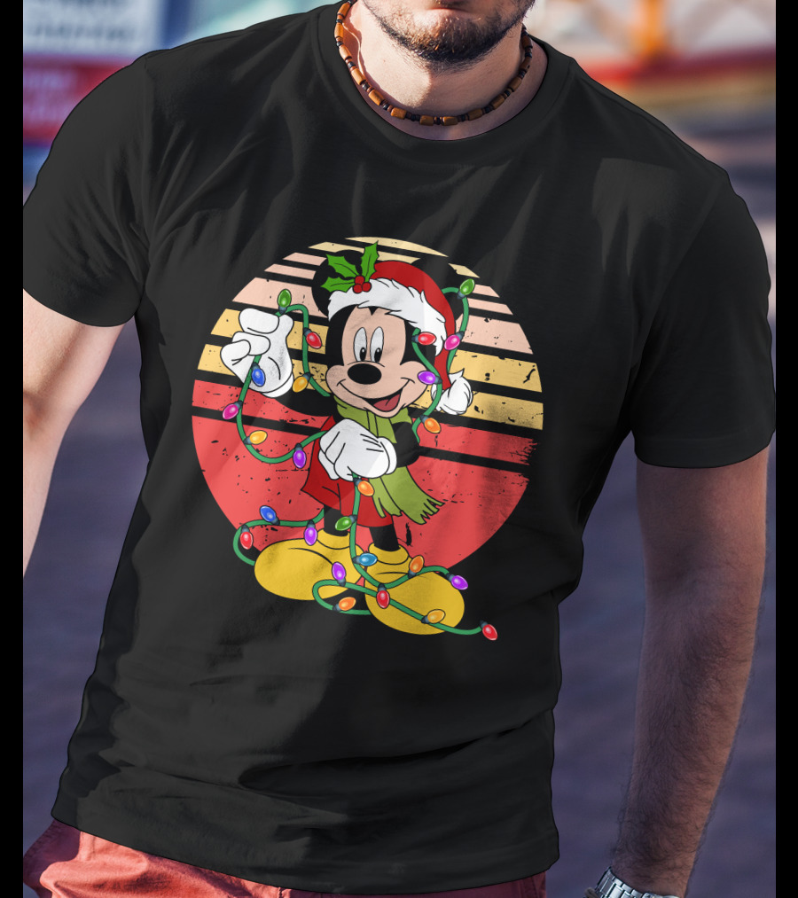 Mickey Christmas Lights Santa Hat Retro Holiday T-Shirt