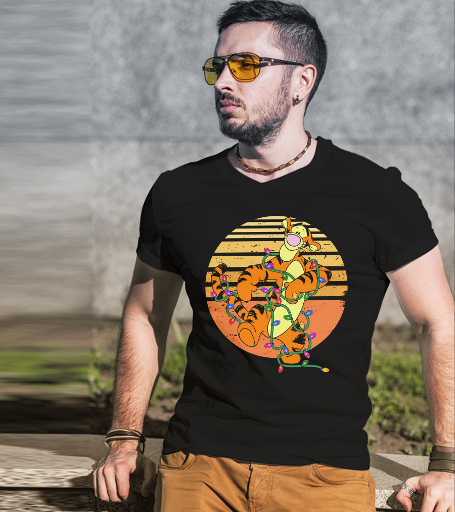 Tigger Christmas Lights Retro Sunset T-Shirt