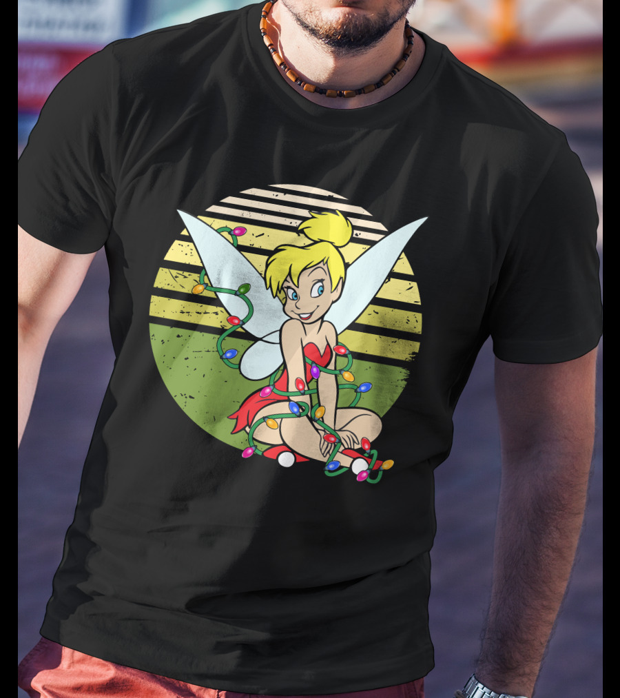 Tinkerbell Wrapped In Christmas Lights Sitting With Retro T-Shirt