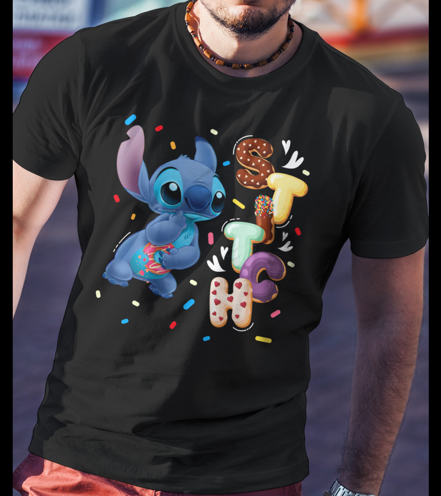 Stitch Donut Letter Sprinkles And Cute Blue Alien Character T-Shirt