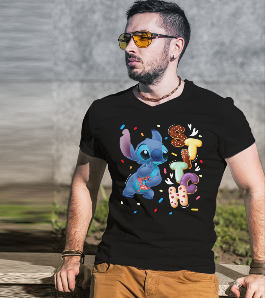 Stitch Donut Letter Sprinkles And Cute Blue Alien Character T-Shirt