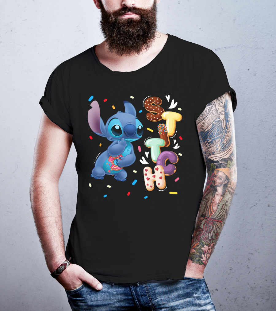 Stitch Donut Letter Sprinkles And Cute Blue Alien Character T-Shirt