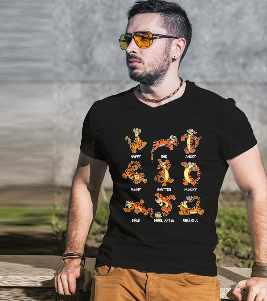 Tigger Emotional Range Happy Sad Angry Funny Smitten Hungry Tired More Coffee Cheerful T-Shirt