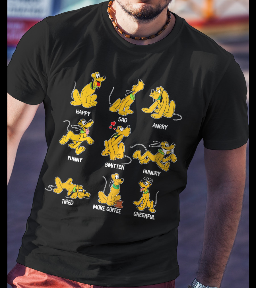 Pluto Moods Happy Sad Angry Funny Smitten Hungry Tired More Coffee Cheerful T-Shirt