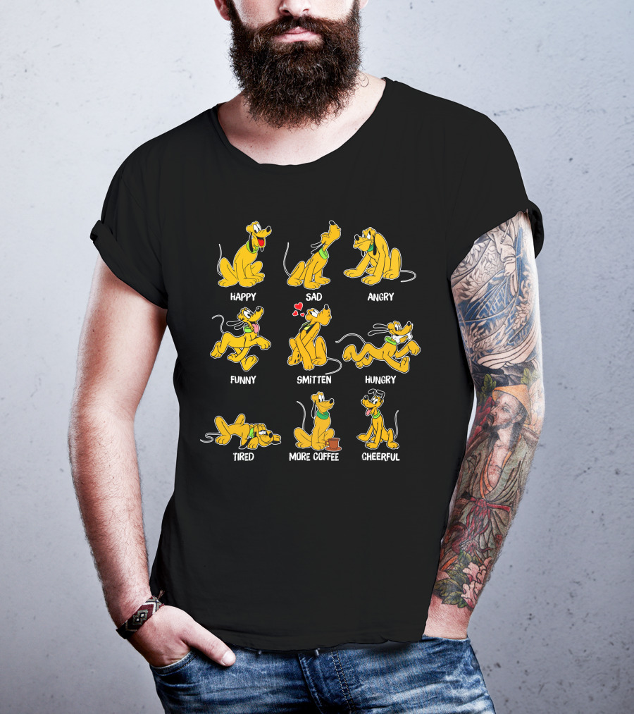 Pluto Moods Happy Sad Angry Funny Smitten Hungry Tired More Coffee Cheerful T-Shirt