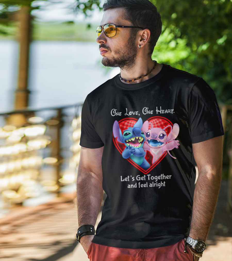 One Love One Heart Let's Get Together And Feel Alright Stitch & Angel Love T-Shirt