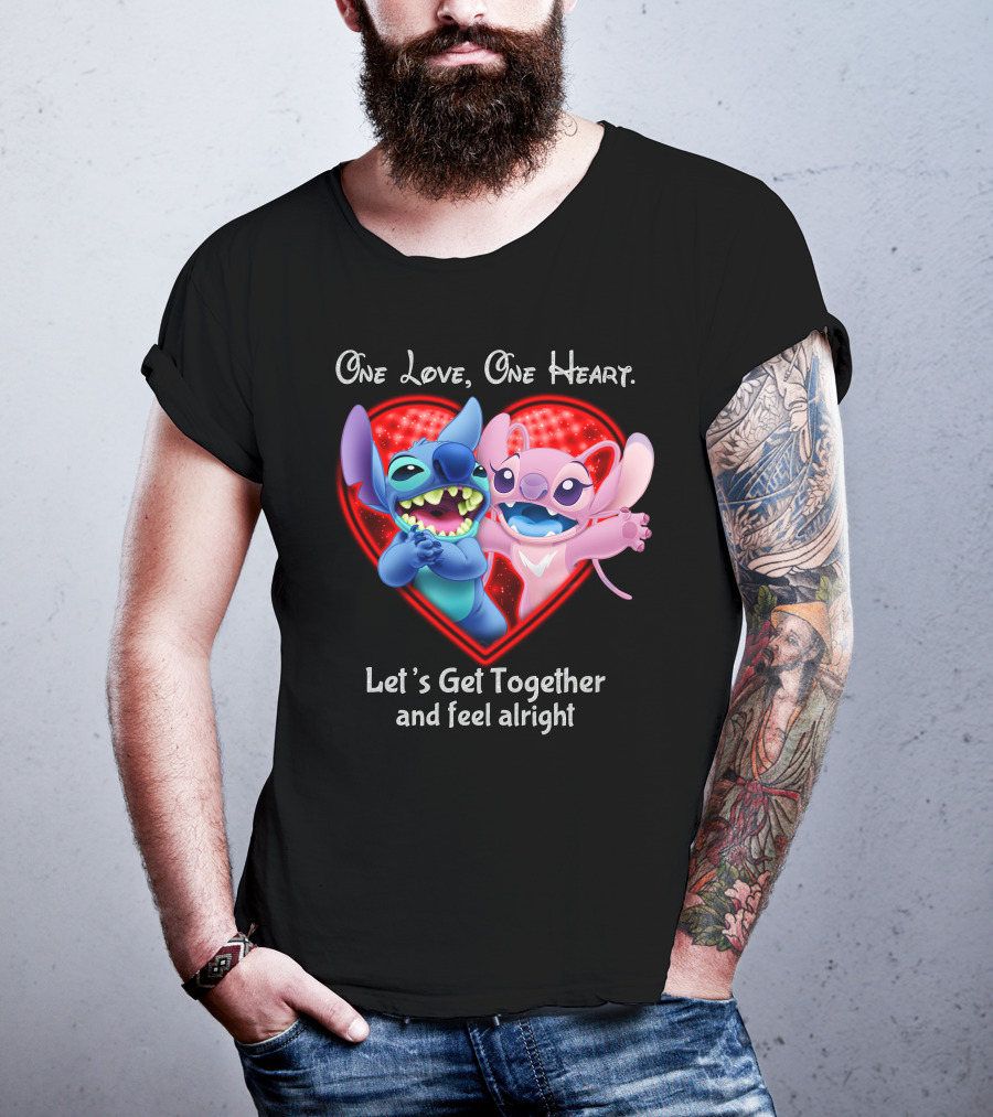 One Love One Heart Let's Get Together And Feel Alright Stitch & Angel Love T-Shirt