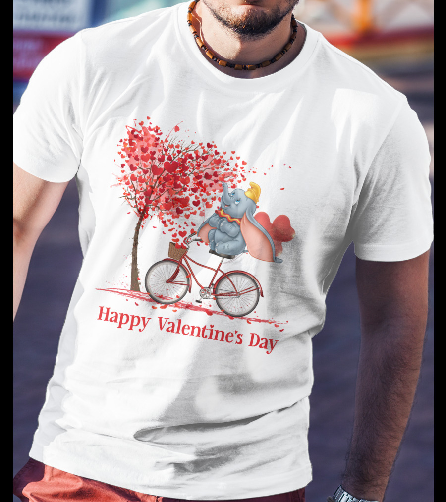 Happy Valentine's Day Dumbo With Hearts Bicycle T-Shirt