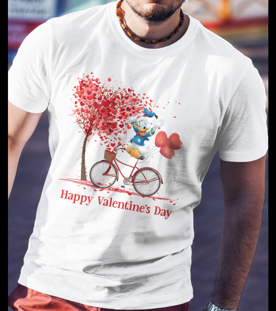 DN Valentine Happy Valentine's Day Donald Duck Bicycle Balloon Tree T-Shirt