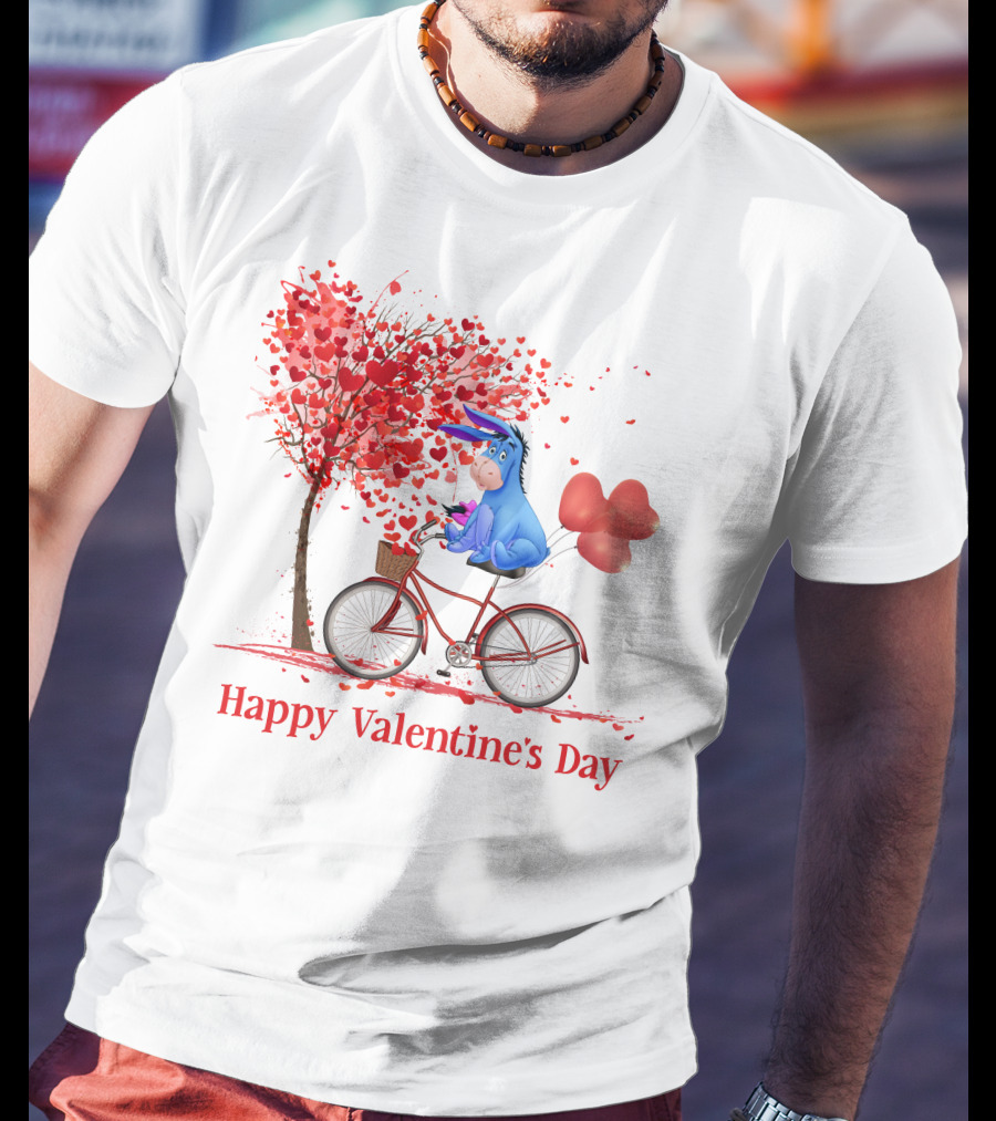 Happy Valentine's Day Eeyore On Bicycle With Heart Balloons And Tree Of Hearts T-Shirt