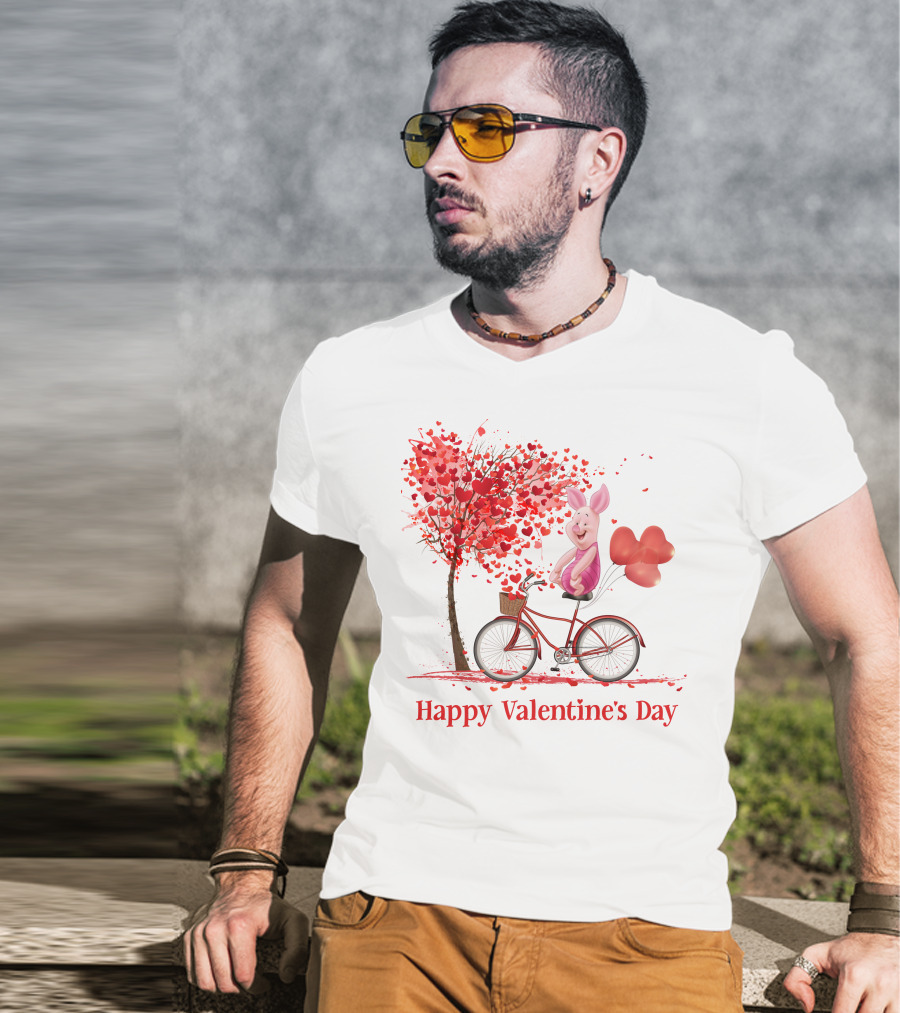 Happy Valentine's Day Piglet With Heart Balloons On Bicycle T-Shirt