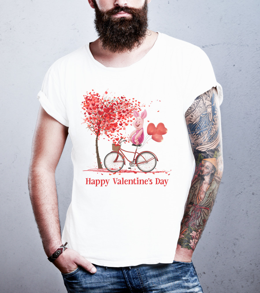 Happy Valentine's Day Piglet With Heart Balloons On Bicycle T-Shirt