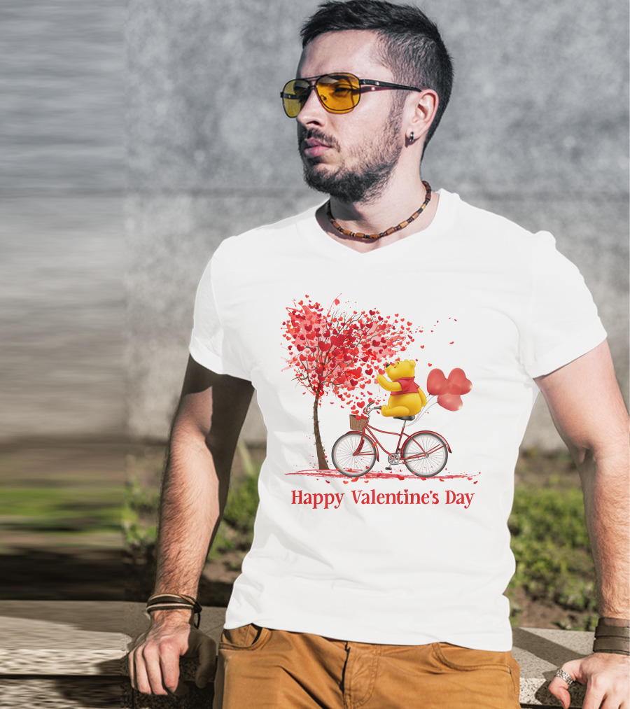 Happy Valentine's Day Bicycle Bear With Love Balloons And Heart Tree T-Shirt
