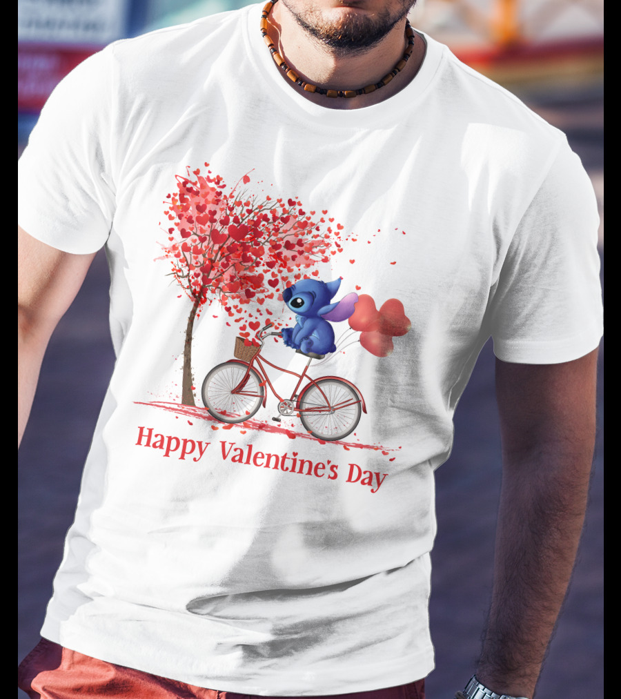 Happy Valentine's Day Stitch Bicycle Heart Balloons T-Shirt