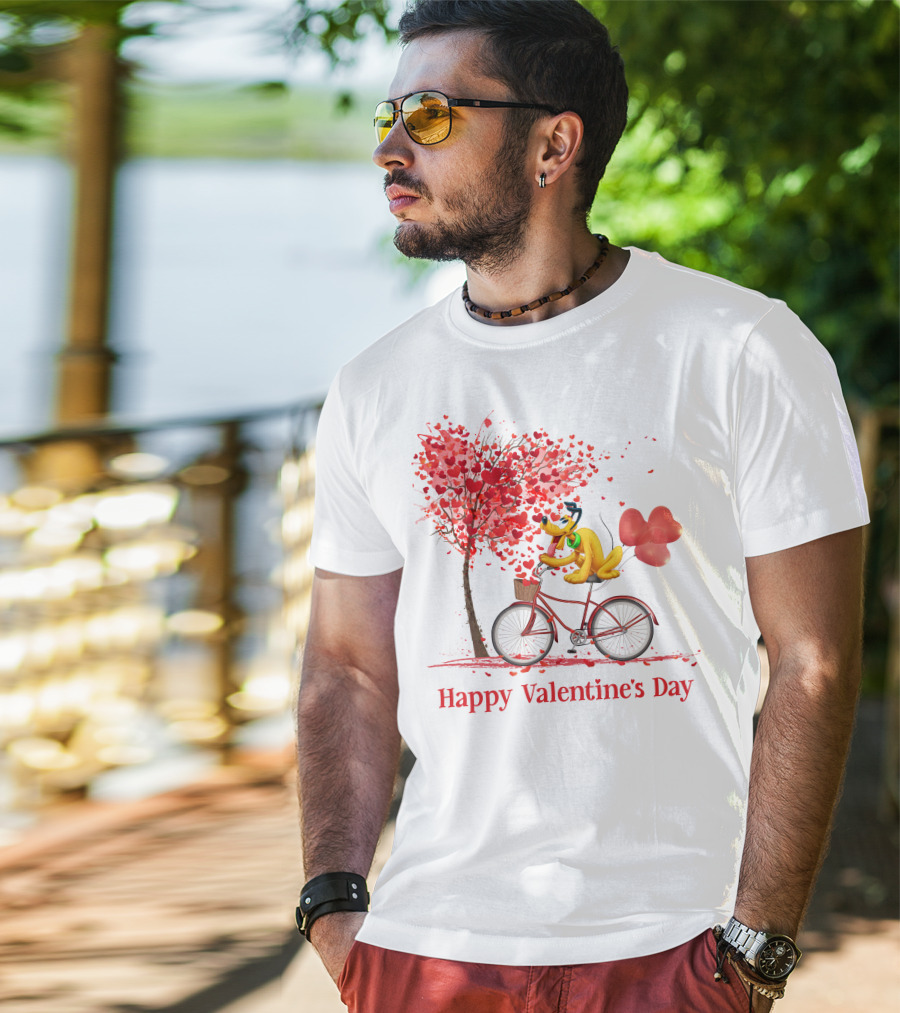 Disney Pluto Happy Valentine's Day Bicycle And Heart Tree T-Shirt