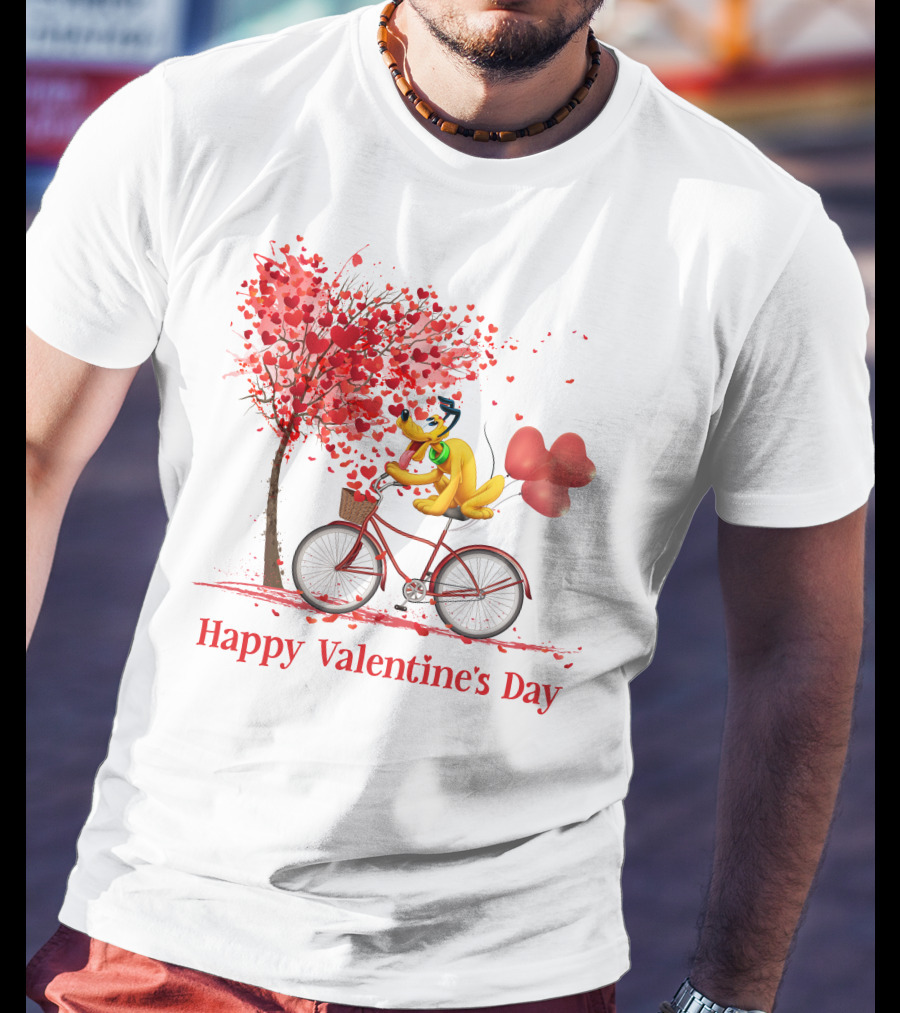 Disney Pluto Happy Valentine's Day Bicycle And Heart Tree T-Shirt