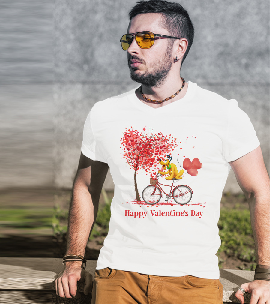 Disney Pluto Happy Valentine's Day Bicycle And Heart Tree T-Shirt