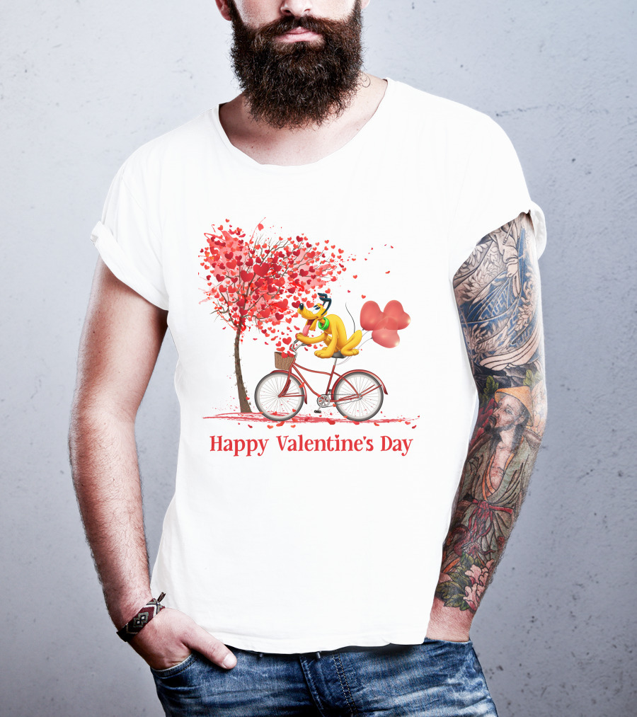 Disney Pluto Happy Valentine's Day Bicycle And Heart Tree T-Shirt