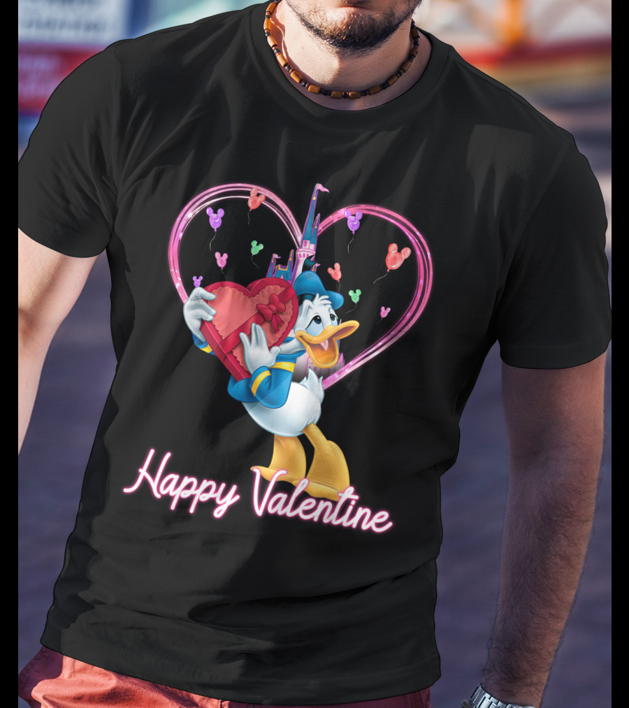 Donald Duck Happy Valentine Heart Balloons And Castle T-Shirt