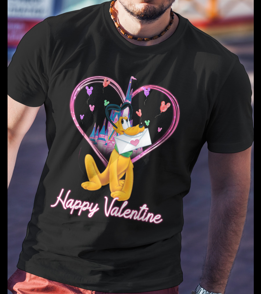 Happy Valentine Pluto Letter Heart Balloons Castle T-Shirt