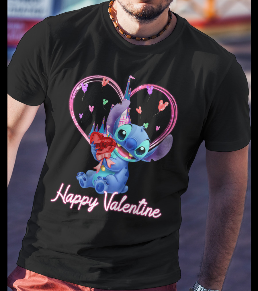 Happy Valentine Stitch Holding Heart With Castle And Balloons T-Shirt