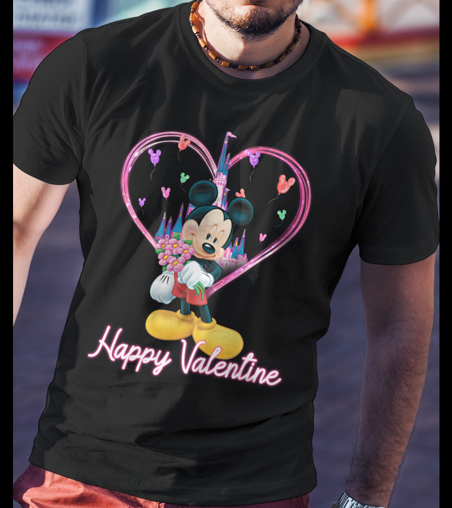 Happy Valentine Mickey Mouse Bouquet And Castle Balloons T-Shirt