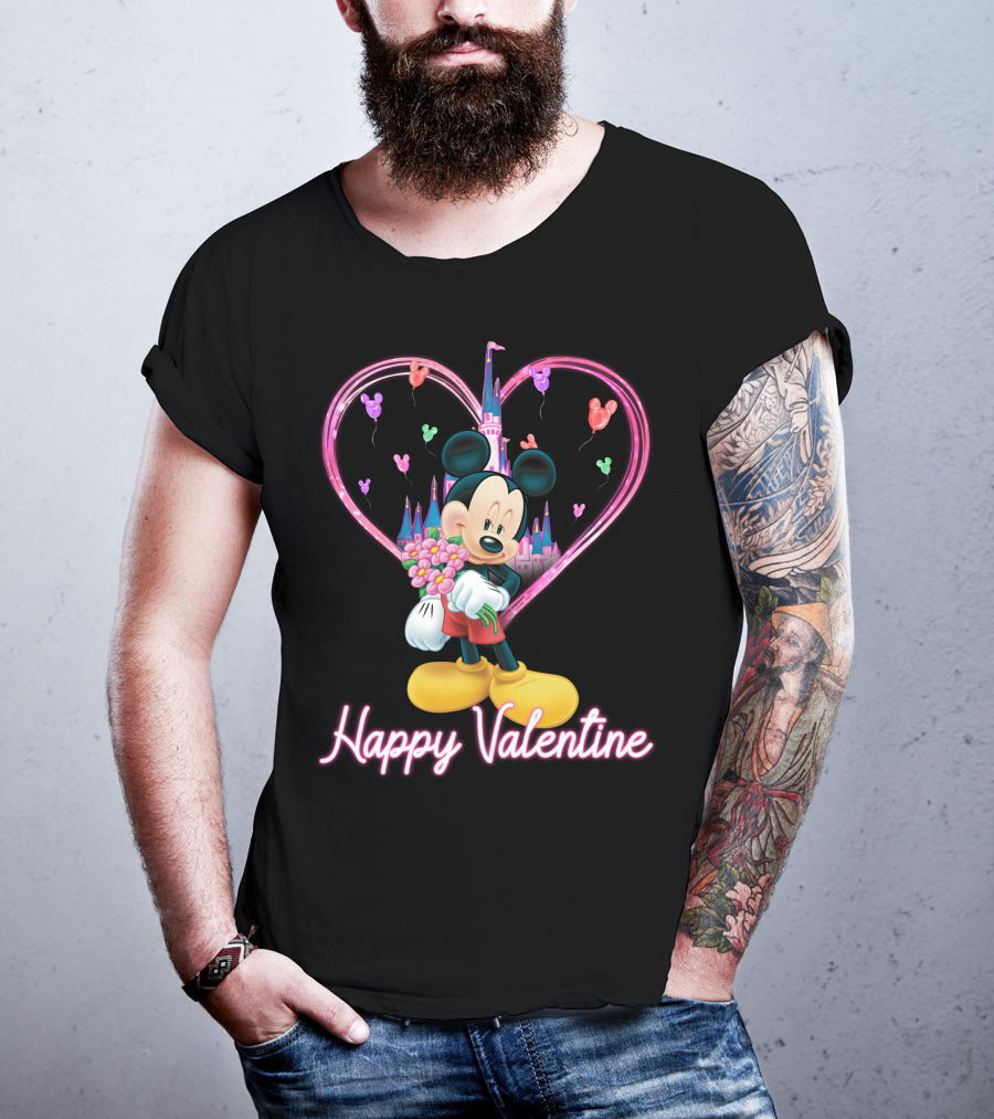 Happy Valentine Mickey Mouse Bouquet And Castle Balloons T-Shirt