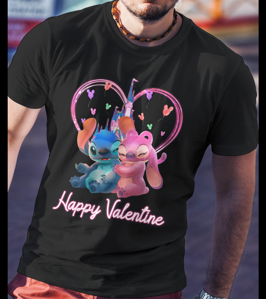 Happy Valentine Stitch Angel Castle Heart Balloons T-Shirt