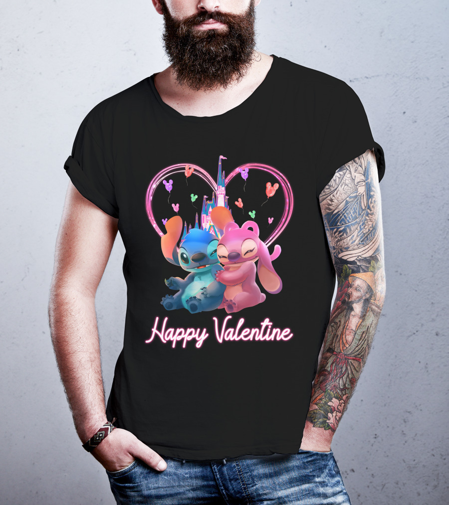 Happy Valentine Stitch Angel Castle Heart Balloons T-Shirt