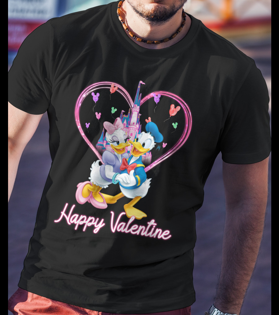Happy Valentine Donald And Daisy In Front Of Heart Castle T-Shirt