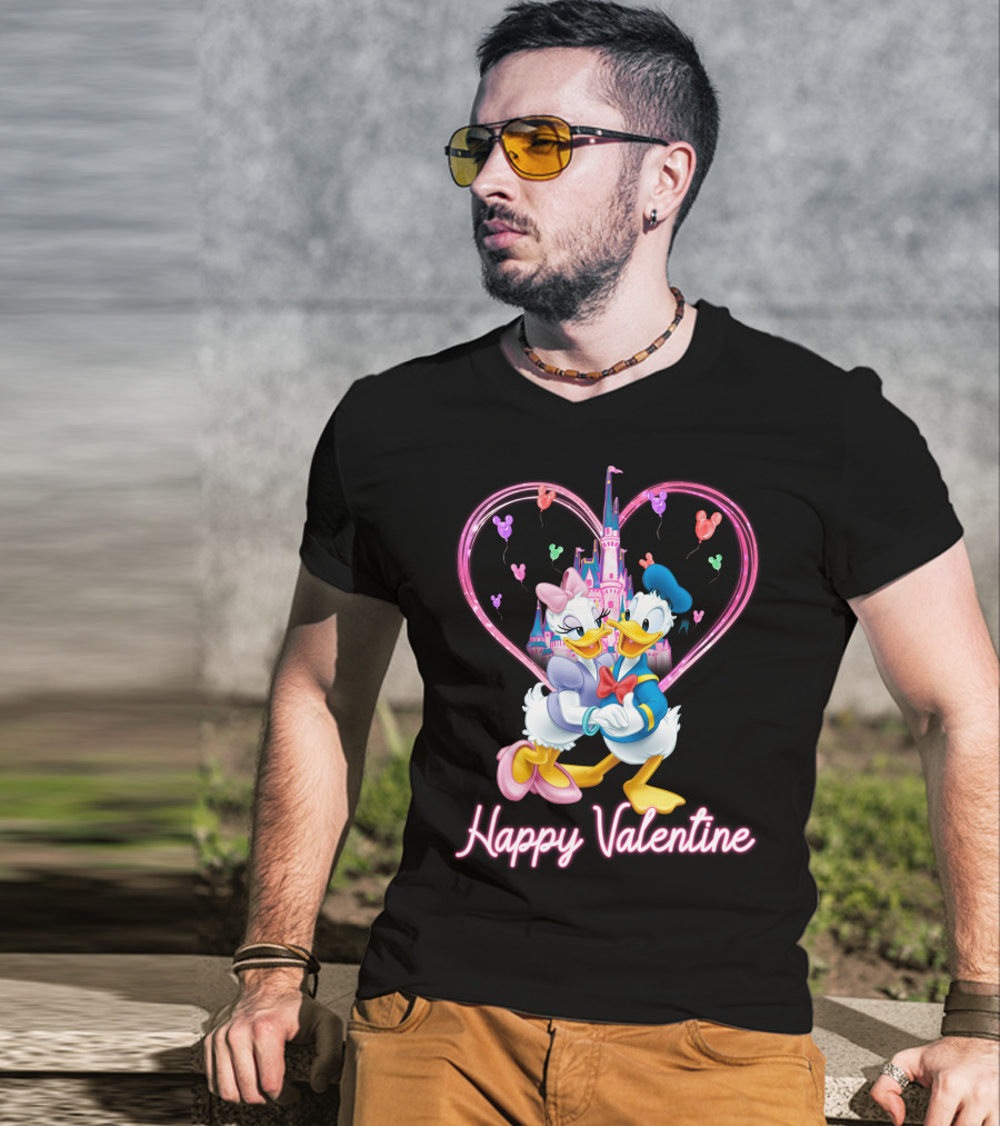 Happy Valentine Donald And Daisy In Front Of Heart Castle T-Shirt