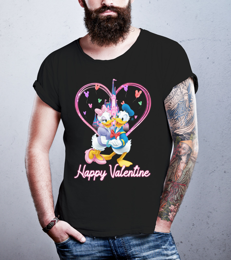 Happy Valentine Donald And Daisy In Front Of Heart Castle T-Shirt