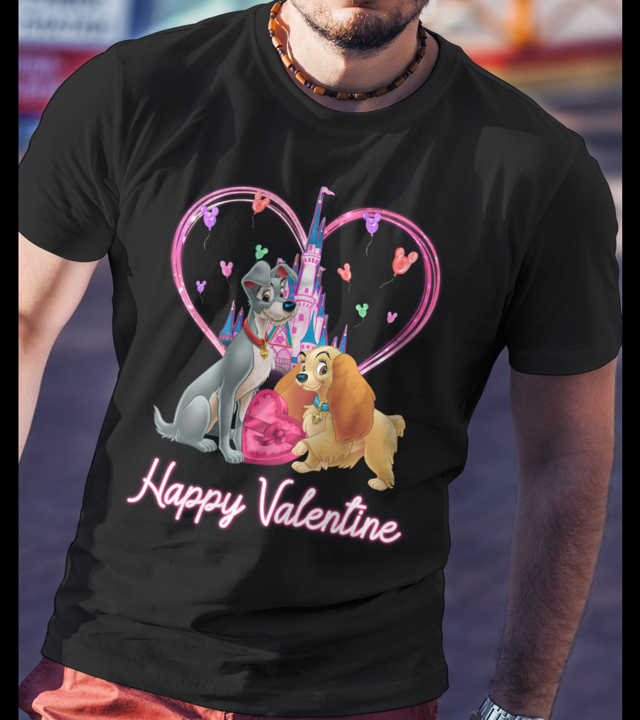 Happy Valentine Lady & The Tramp Heart Castle Balloons T-Shirt