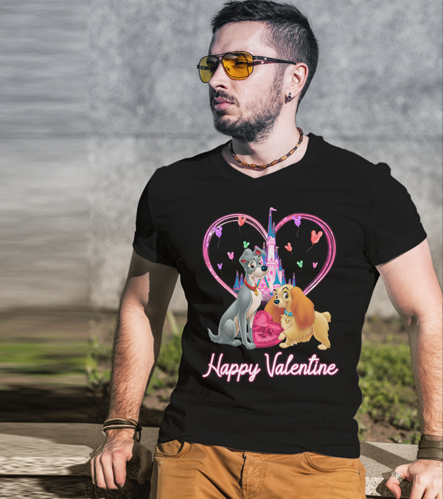 Happy Valentine Lady & The Tramp Heart Castle Balloons T-Shirt