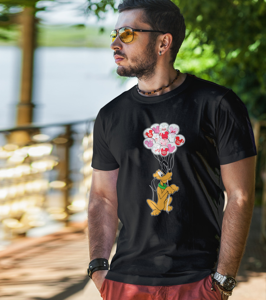 Pluto Holding Mickey And Minnie Balloons With Hearts And Xo Patterns T-Shirt