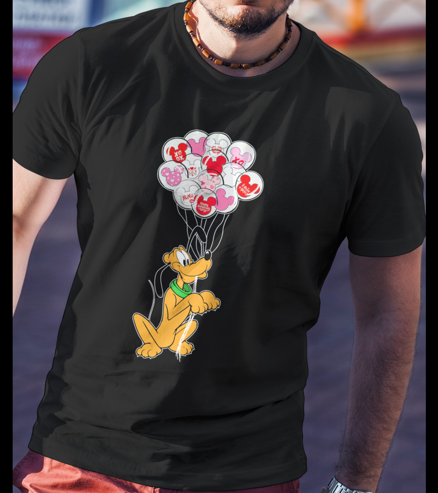 Pluto Holding Mickey And Minnie Balloons With Hearts And Xo Patterns T-Shirt