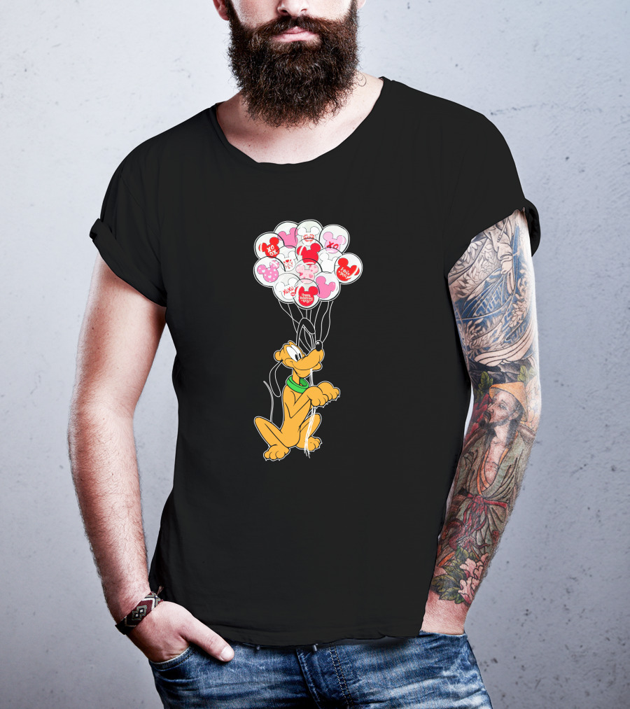 Pluto Holding Mickey And Minnie Balloons With Hearts And Xo Patterns T-Shirt