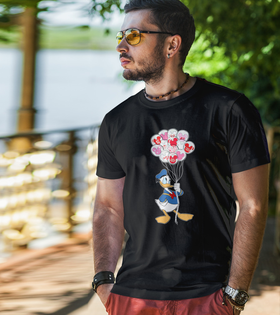 Donald Duck Holding Heart Balloons With Mickey Mouse And Minnie Icons T-Shirt