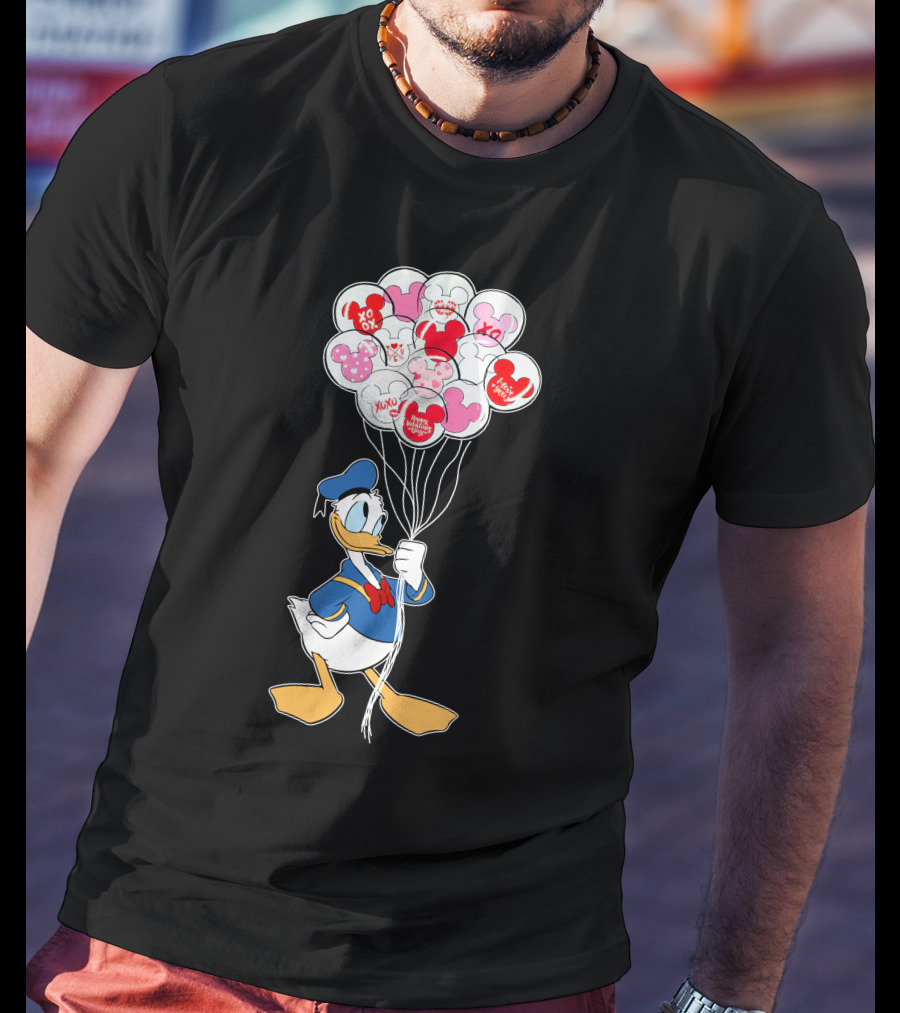 Donald Duck Holding Heart Balloons With Mickey Mouse And Minnie Icons T-Shirt