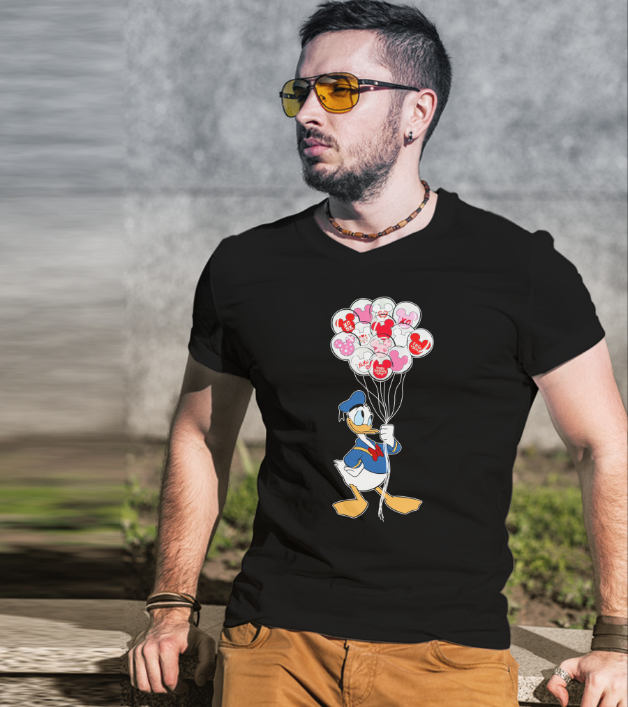 Donald Duck Holding Heart Balloons With Mickey Mouse And Minnie Icons T-Shirt